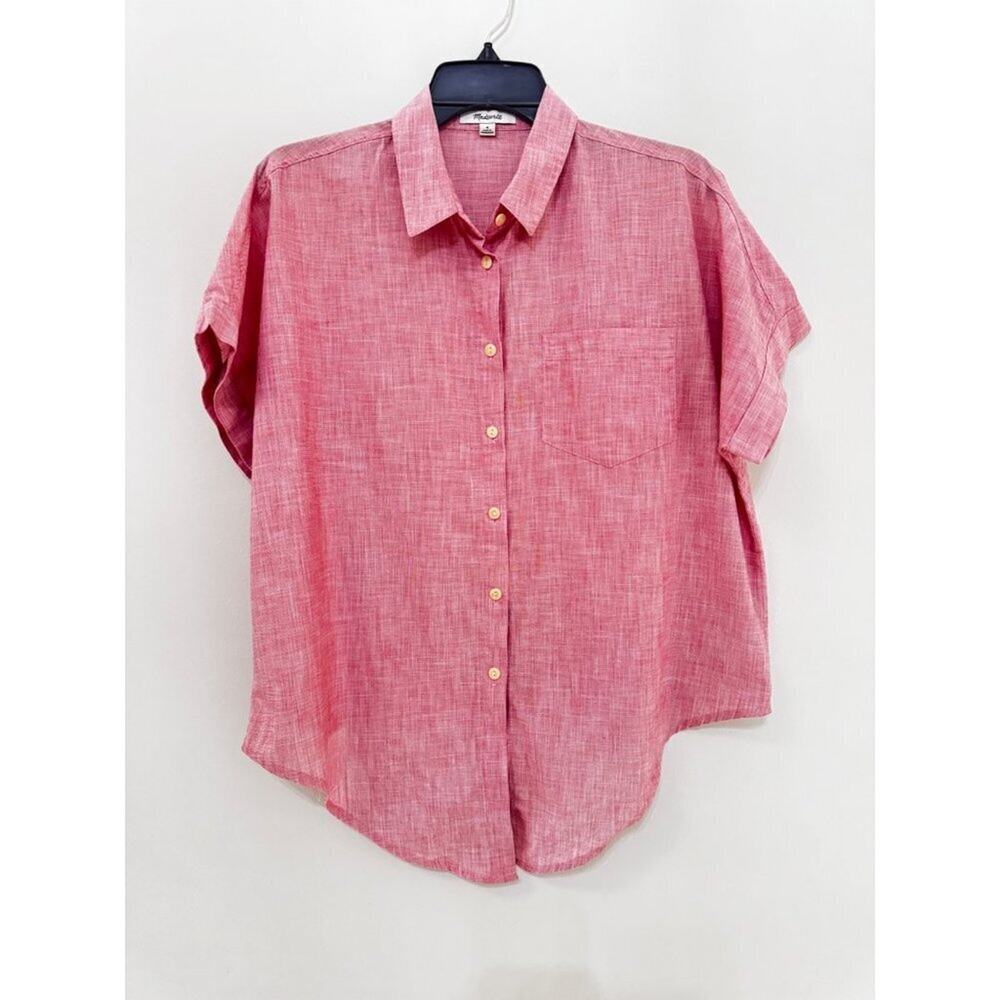 Madewell Red Short Sleeve Button Front Tie Hem Shirt Women M Casual Summer Top - Picture 3 of 7